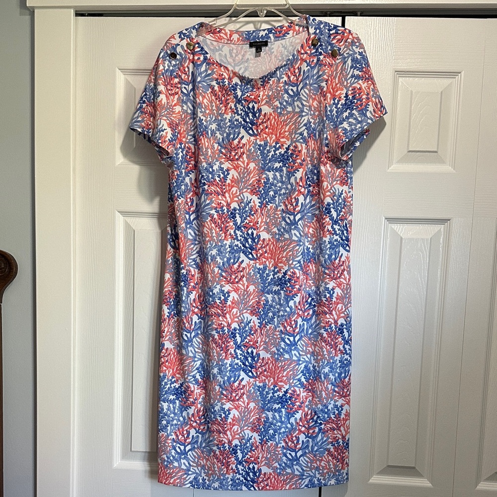 Talbots Blue and Red Coral Pattern Jersey Shift Dress Size XL
